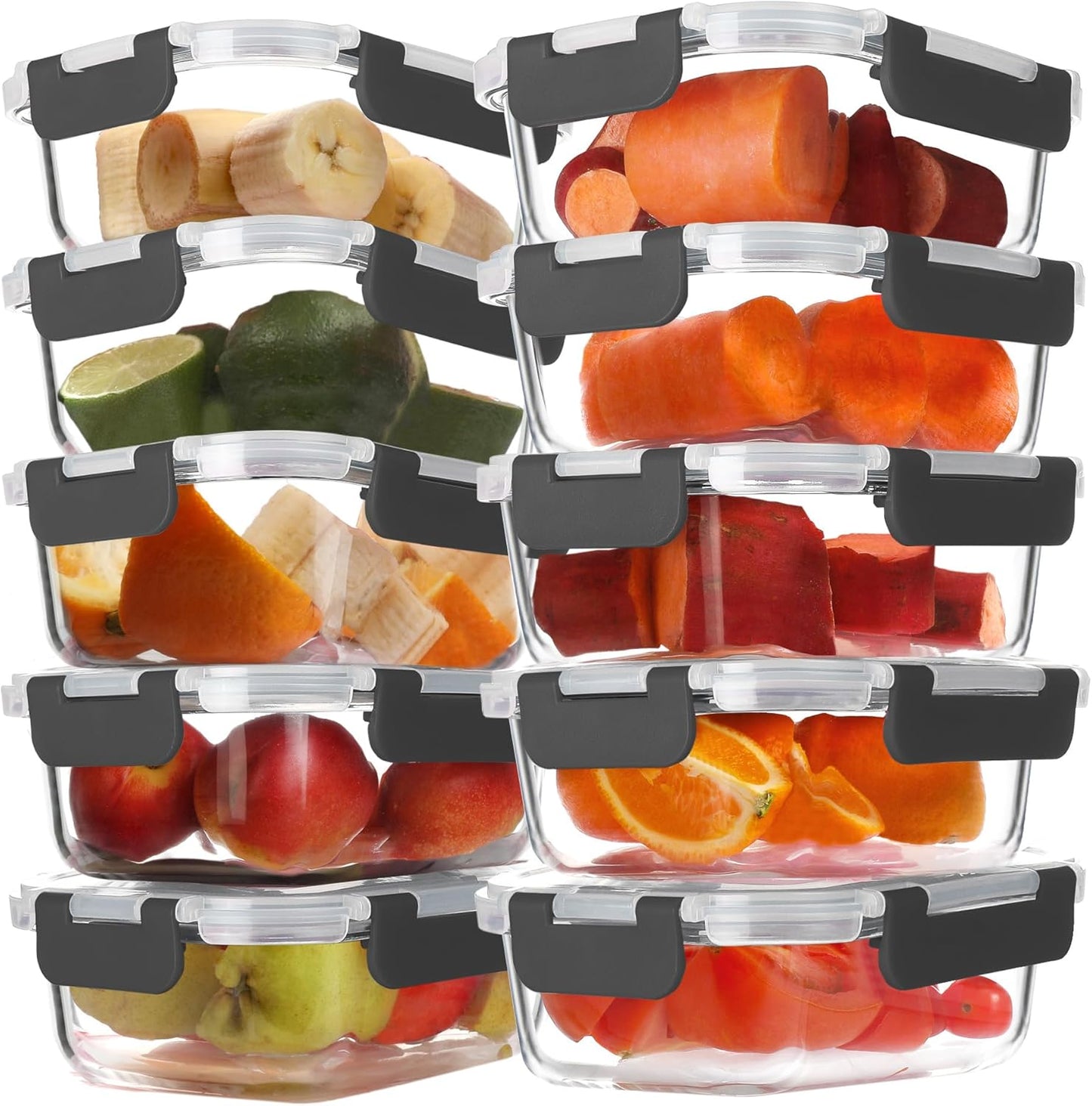 BAYZZ 10 Pack 22 oz Glass Meal Prep Containers, Glass Food Storage Containers with Airtight Lids, BPA-Free, Freezer and Microwave Safe