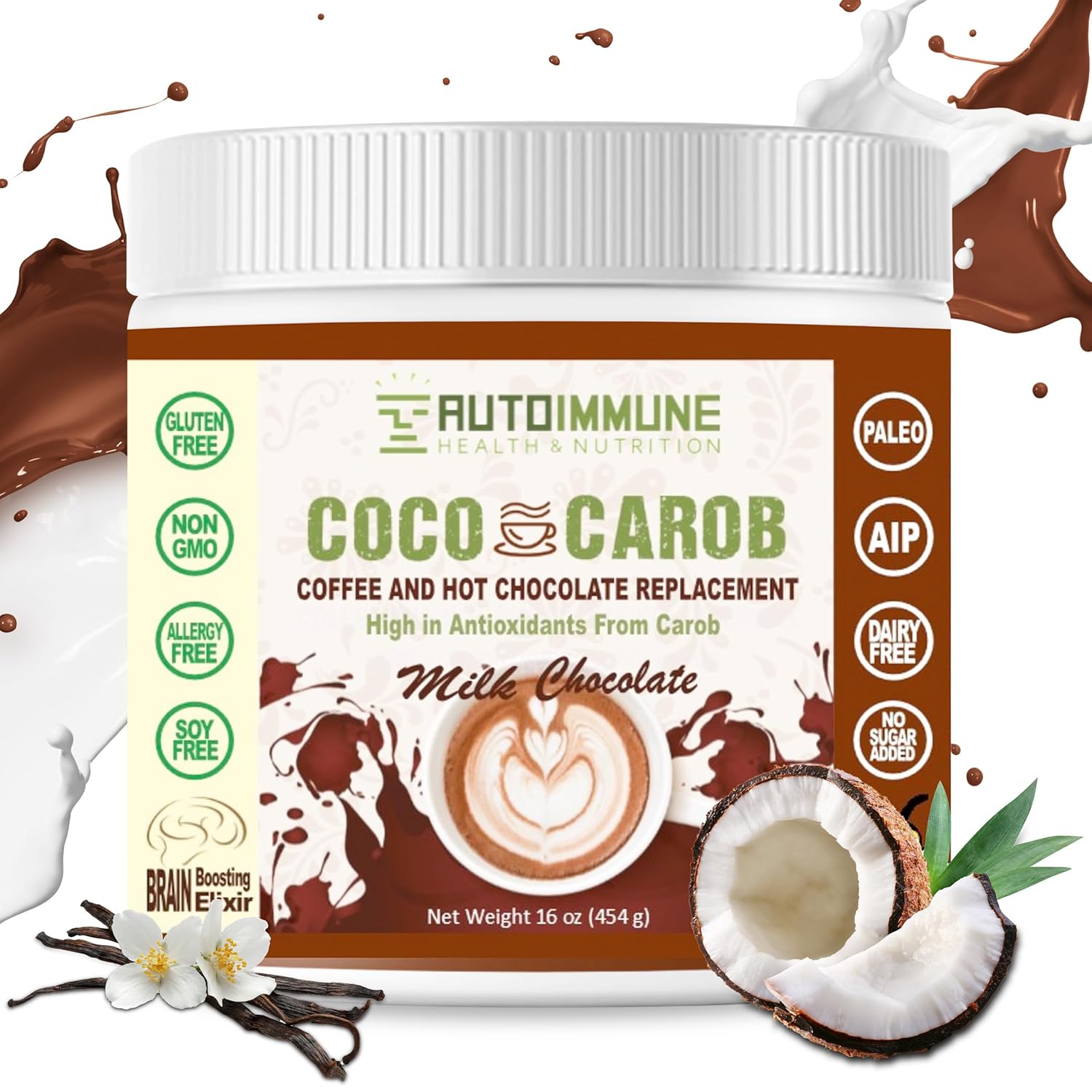 Milk Chocolate Coco Carob Powder - Caffeine Free Cocoa Powder & Coffee Alternative with Coconut Milk & Creamer for Cognitive & Energy Support - Soy, Gluten, Dairy, & Sugar Free Carob Chocolate