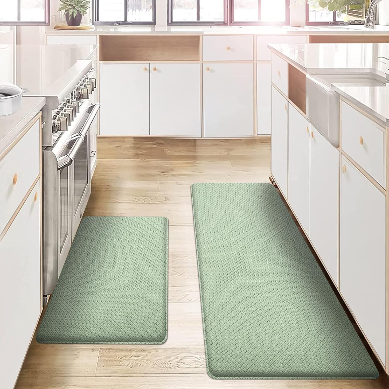 AUTODECO Kitchen Mats and Rugs Set of 2 - Cushioned Anti-Fatigue Kitchen Rug for Floor Washable 17"x29" +17"x59", Light Green
