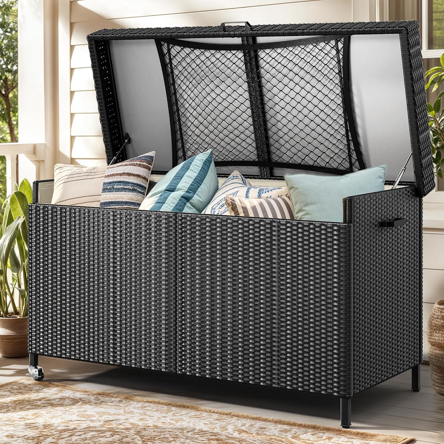 YITAHOME 200 Gallon Outdoor Storage Box w/Storage Net, Rattan XL Outdoor Deck Box, Patio Cushion Storage, Outside Storage Box for Patio Furniture, Garden Tools, Pool Sports Equipment (Black)