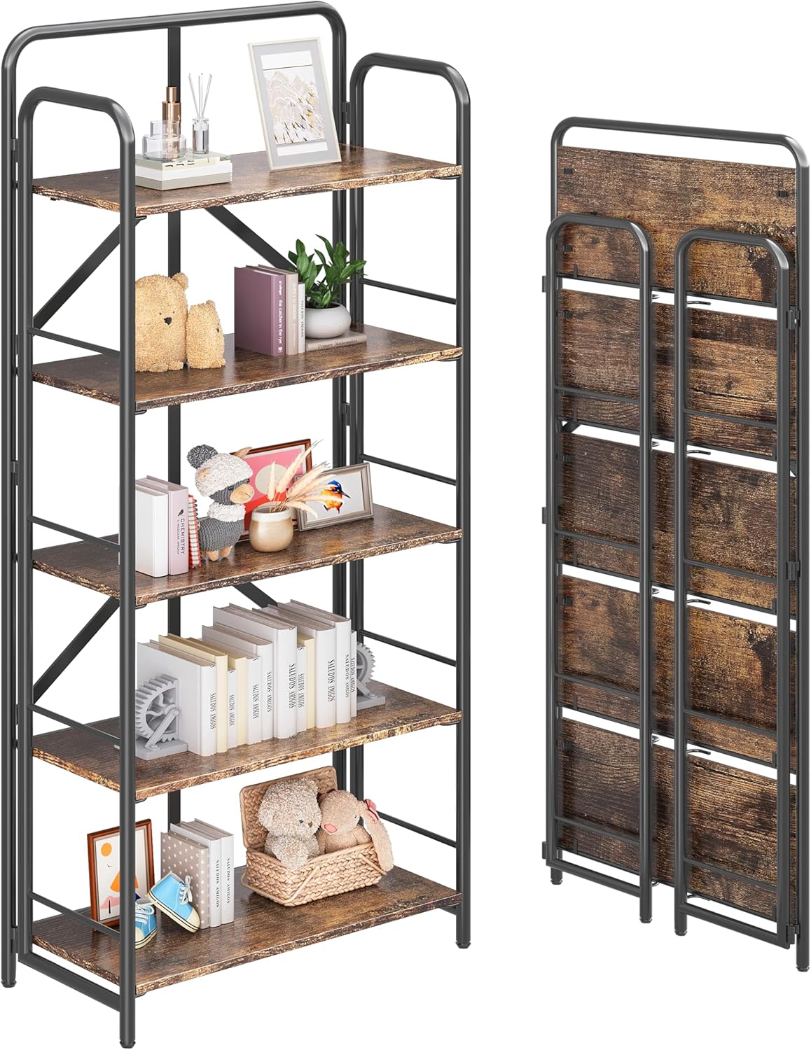 4NM No Assembly Folding Bookshelf 5 Tiers Vintage Industrial Black Book Shelf Metal Foldable Storage Bookcase and Bookshelves for Living Room,Bedroom and Kitchen - Rustic Brown
