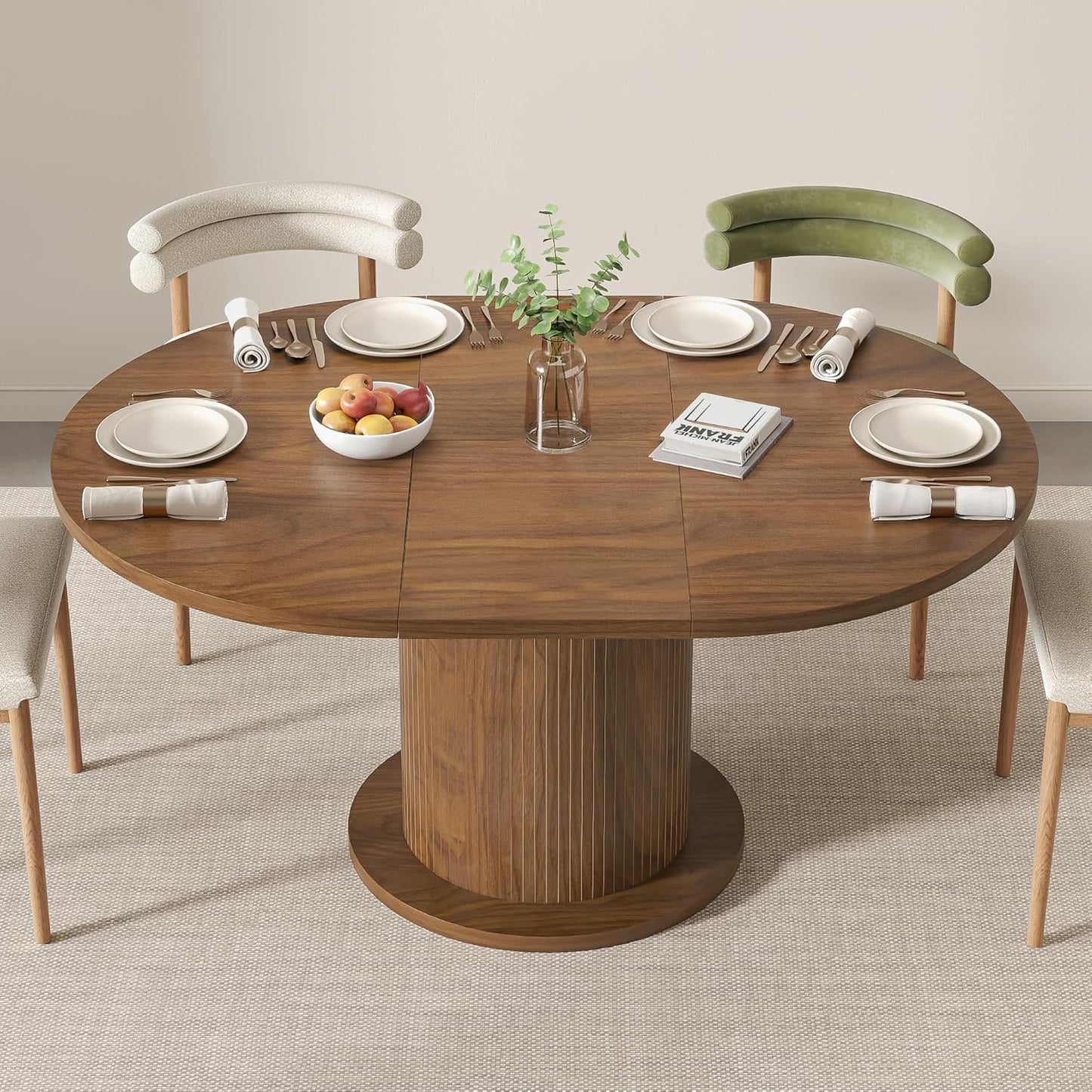 43.3 inch 59 inch Adjustable Size Round Dining Table for 4 6, Unique Design Modern Farmhouse Kitchen Table, Circle Dining Tables with Wood Strip Base for Kitchen Living Room (Walnut)