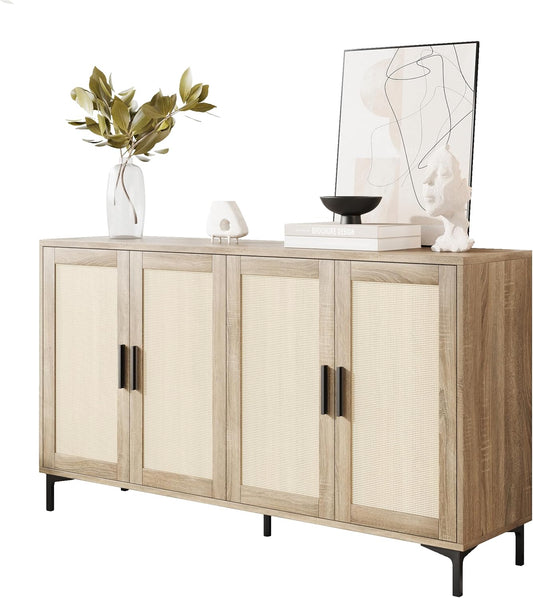 JASIWAY Sideboard - Kitchen Buffet Cabinet with Rattan Decorated Doors, Accent Cabinets with Doors, Coffee Bar Cabinets Rattan Sideboard Buffet Cabinet with Storage (Natural with 4 Doors)
