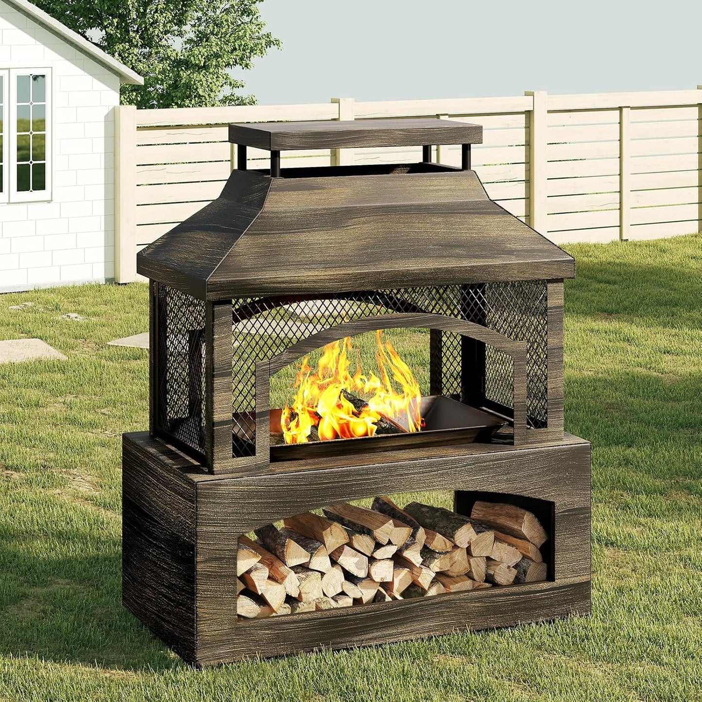 Bestier 37" Fire Pits, Wood Burning Fireplace for Outside Rectangular Chiminea Outdoor Firepits with Poker, Wood Storage, Rain Cover and Removable Fire Grill for Patio, Garden, Backyard, Camping