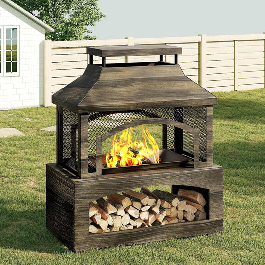 Bestier 37" Fire Pits, Wood Burning Fireplace for Outside Rectangular Chiminea Outdoor Firepits with Poker, Wood Storage, Rain Cover and Removable Fire Grill for Patio, Garden, Backyard, Camping