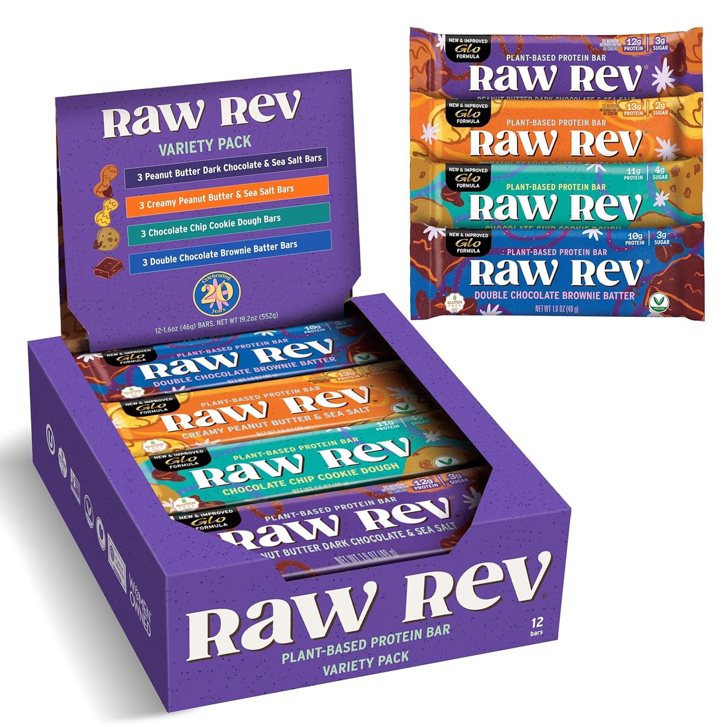 Raw Rev Vegan Protein Bars Variety Pack - 12 bars, Non-GMO, Plastic-Neutral, Nothing Artificial, Glo Formula, Gluten-Free, Keto-Friendly, Paleo, Kosher, No Sugar Alcohols, No Stevia