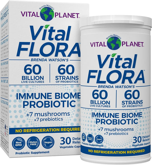 Vital Planet - Vital Flora Immune Support Probiotic, 60 Billion CFU, 60 Diverse Strains, 7 Organic Mushroom Supplement Blend with Prebiotics, Shelf Stable Digestive Health Probiotics 30 Capsules