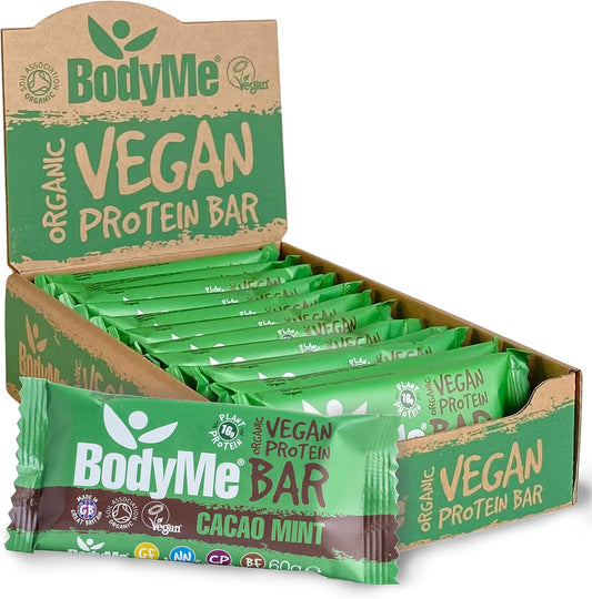 BodyMe Organic Vegan Protein Bar | Raw Cacao Mint | Box of 12 x 2.12oz (60g) | With 3 Plant Proteins