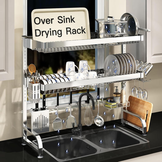 3 Tier Extra Large Stainless Steel Expandable Over The Sink Dish Drainer Drying Rack, Rust Proof Metal, Space Saving, Modern Silver Big Capacity Extendable Plate Strainers Above Kitchen Counter