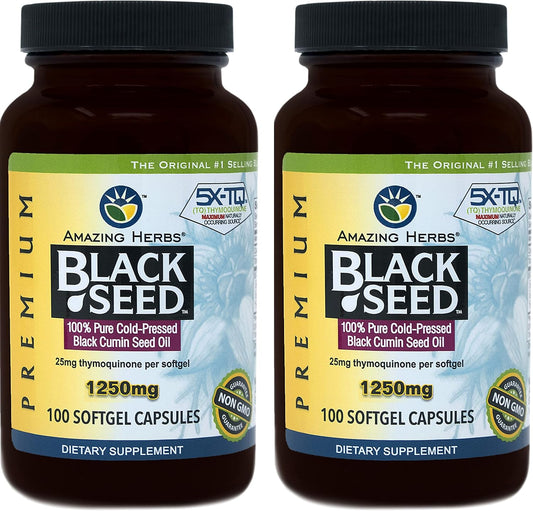 Amazing Herbs Black Seed Oil Pills 1250mg, 100 Softgel Capsules (Pack of 2)