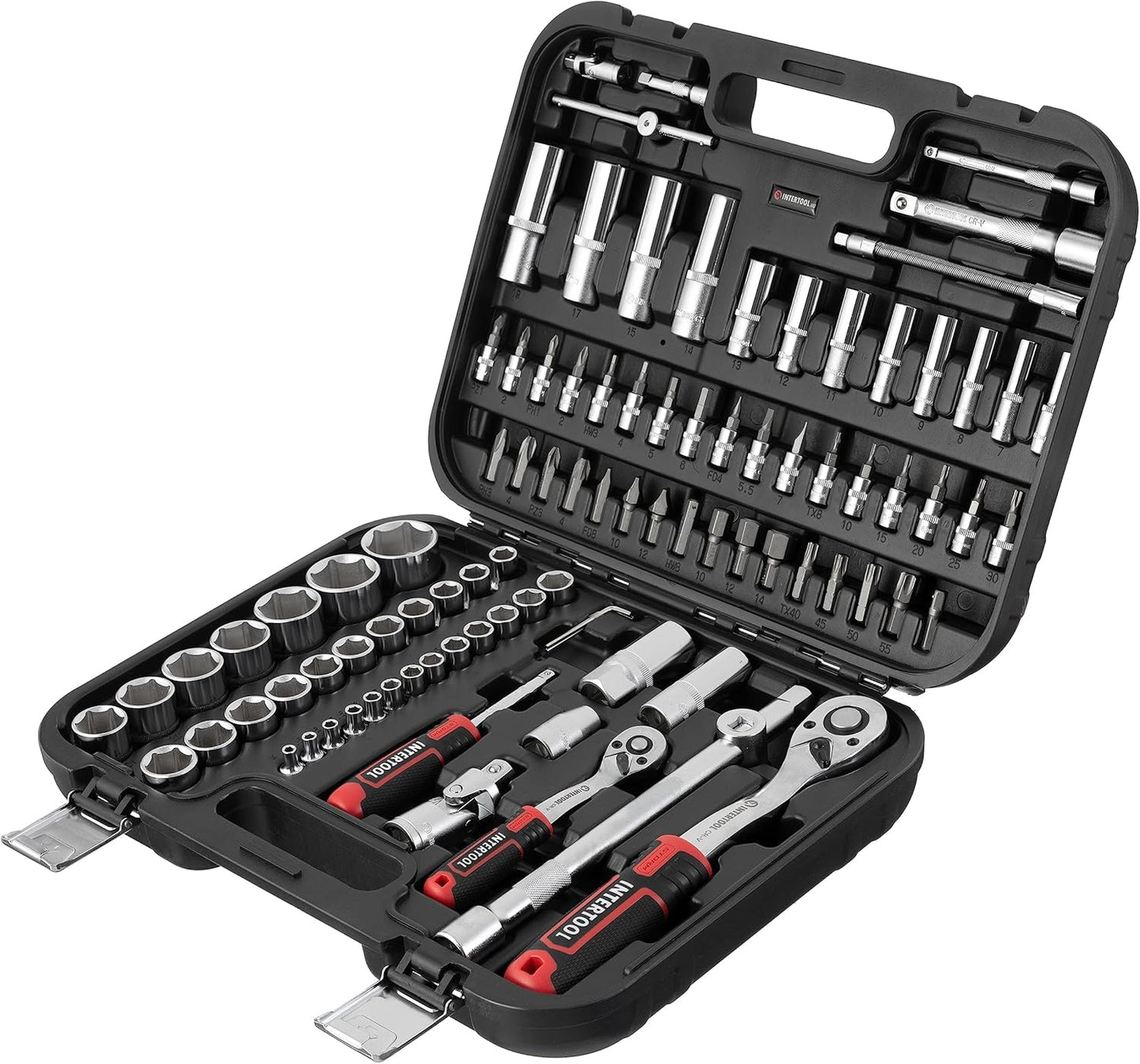 INTERTOOL Metric Socket Set 1\/4\u201D & 1\/2\u201D Drive 94-Piece 4-27 mm - for Auto Mechanics & DIY - Quick Release Ratchets, Socket Bits, Adapters, Hard Case - Tool Gift - ET08-8094