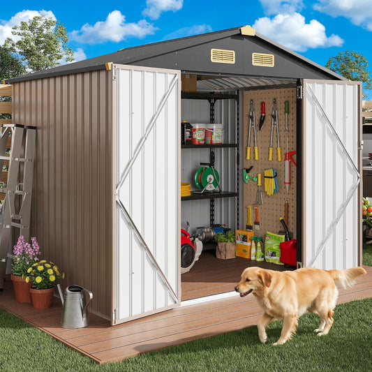IRONCK 8x6FT Outdoor Storage Shed with Lockable Doors, 7.4x5.3FT Base Galvanized Steel Metal Garden Tool Shed with Breathable Vent for Yard Bins\/Generator\/Wheelbarrow Storage, Brown