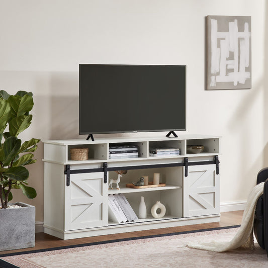 AENKYO 58" Farmhouse TV Stand with Sliding Barn Doors, Adjustable Shelves for TVs up to 65", White