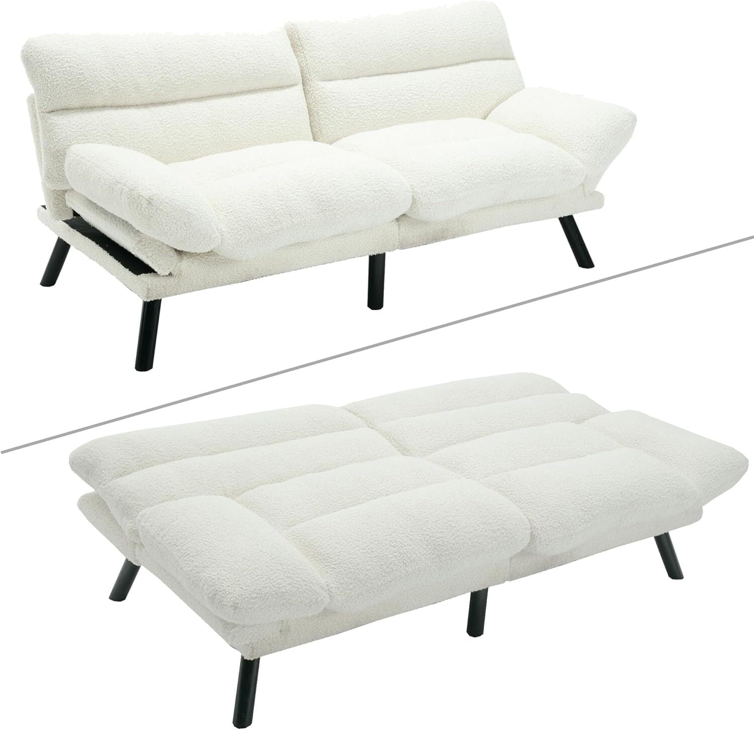 AENKYO Futon Loveseat Sofa Bed 2-Seater, Adjustable Backrest Convertible Sleeper - White