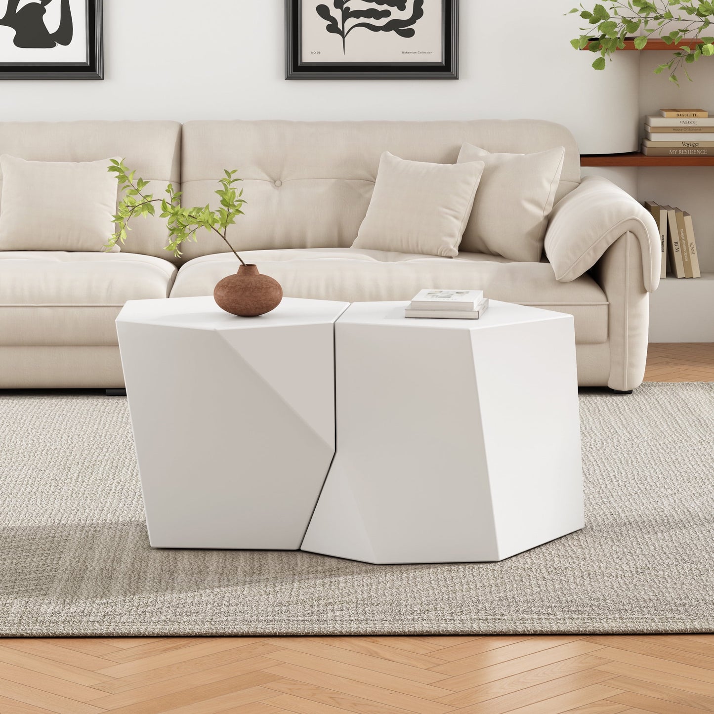 Alba Modern 2 Piece Geometric MGO Coffee Tables Set, White