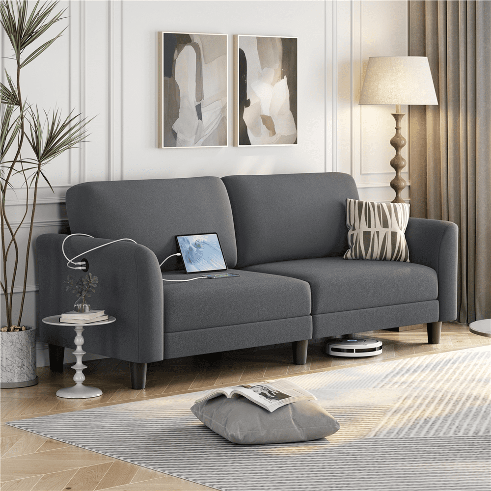 Alden Design 2-Seater 67"W Upholstered Sofa with USB Charging Ports for Living Room, Dark Gray