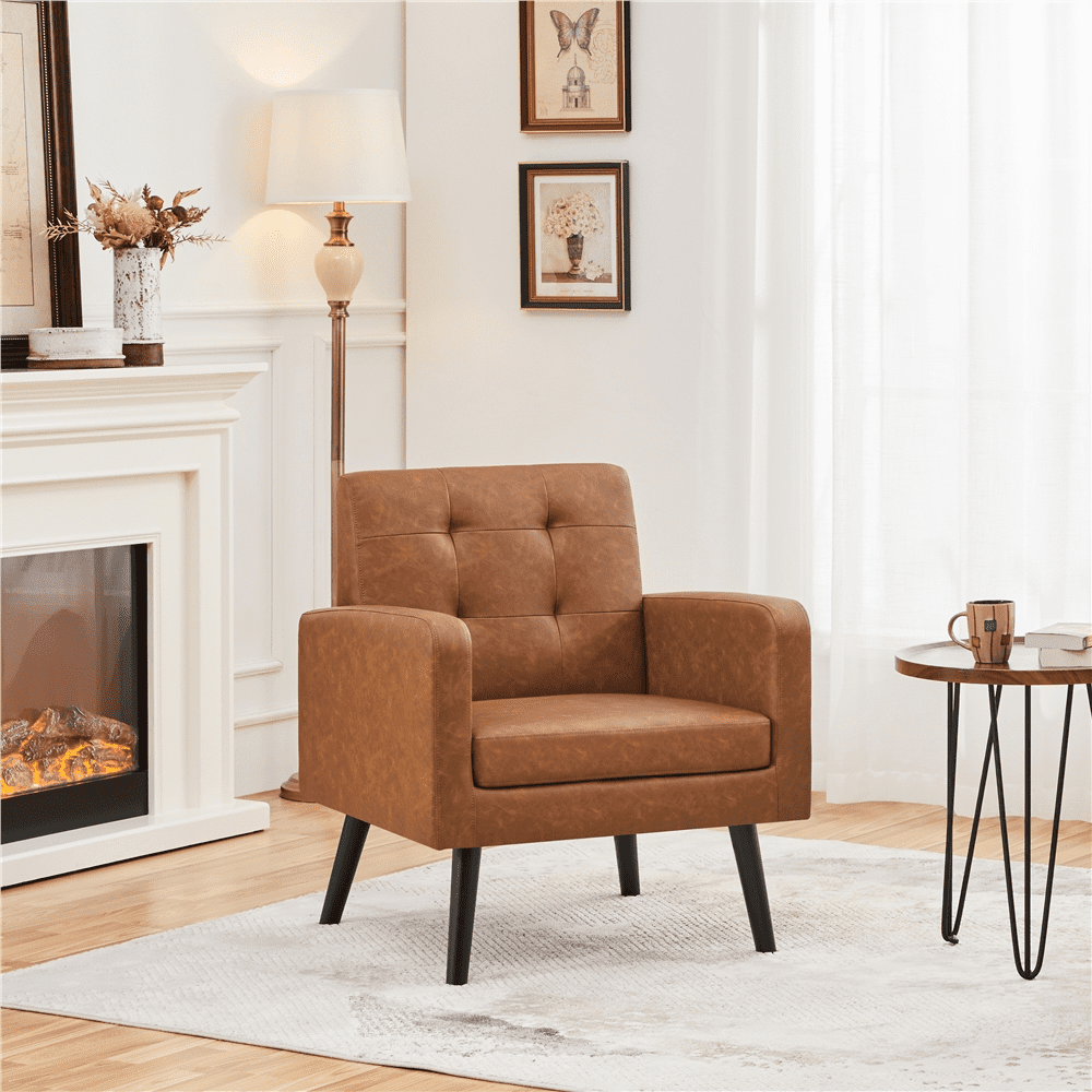 Alden Design Modern Faux Leather Tufted Accent Chair for Living Room, Retro Brown