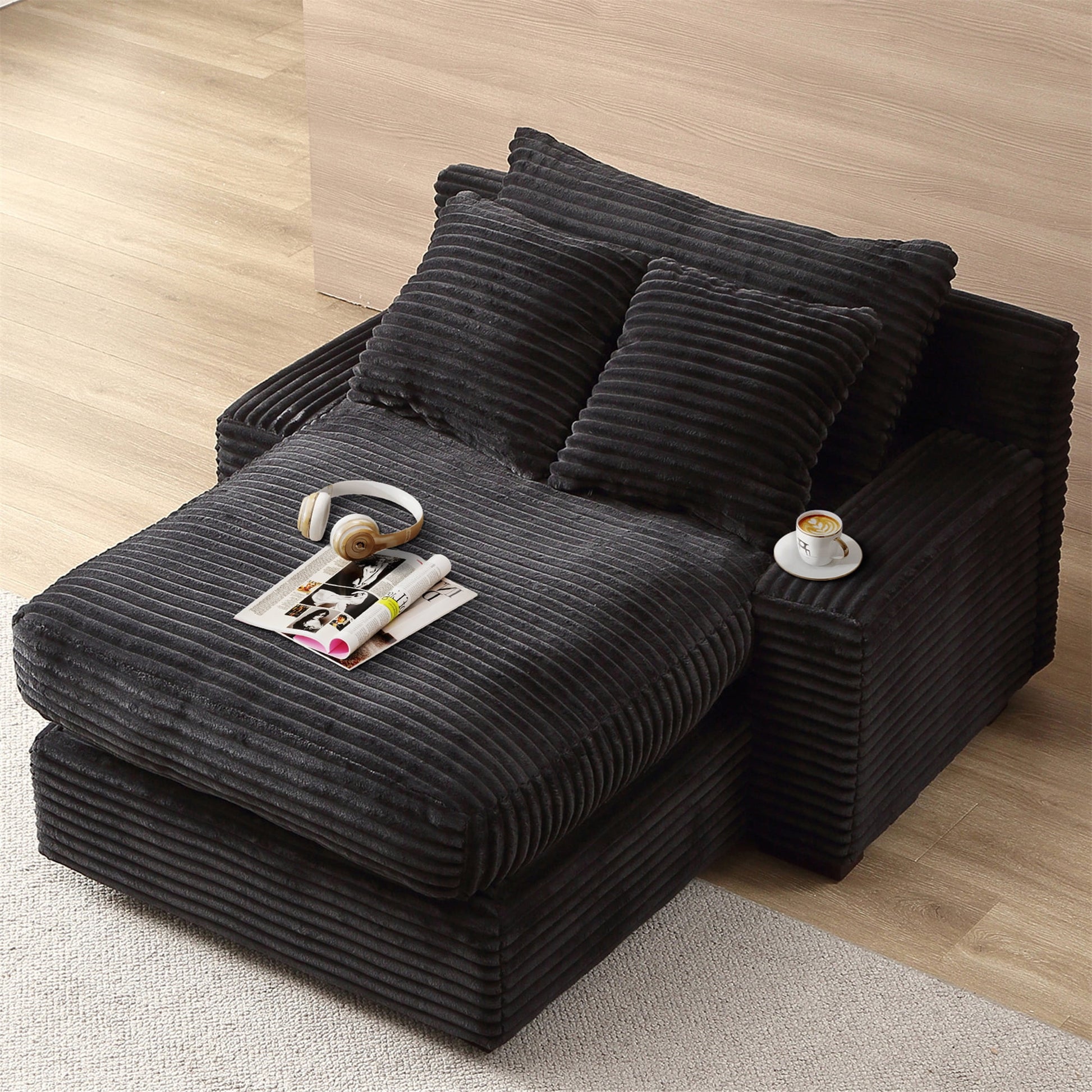 Aukfa 55 Inch Chaise Lounge Indoor Oversized Corduroy Sofa Chair Bed w/ 3 Pillows for Living Room Bedroom, Black