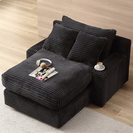 Aukfa 55 Inch Chaise Lounge Indoor Oversized Corduroy Sofa Chair Bed w/ 3 Pillows for Living Room Bedroom, Black