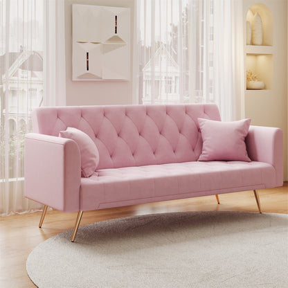 Aukfa Curved Arm Futon Convertible Sofa Bed for Home Office, 2 Pillows, Tufted Back, Velvet, Pink