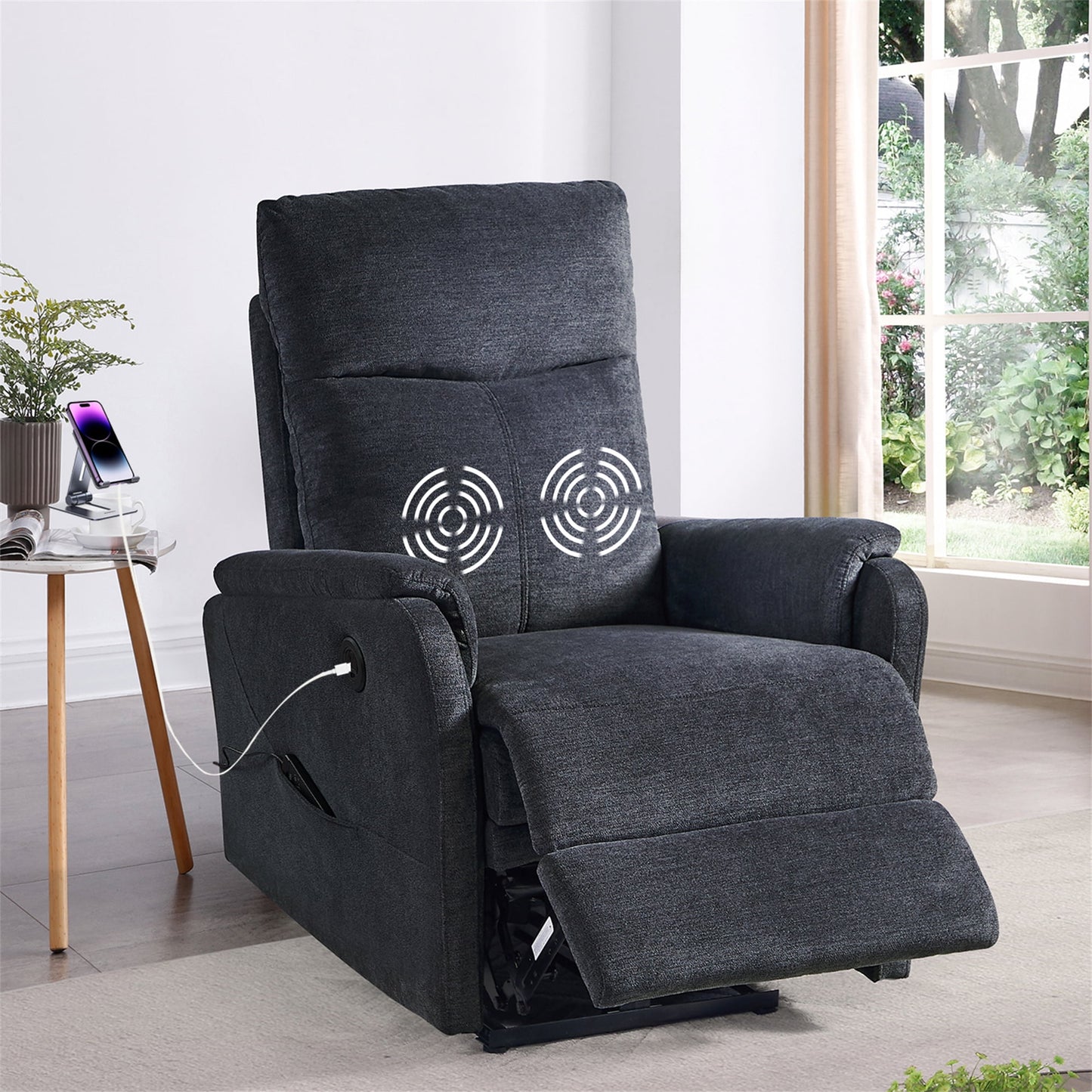 Aukfa Power Recliner Massage Chair with USB for Living Room Bedroom, 2 Side Pockets, Velvet, Gray