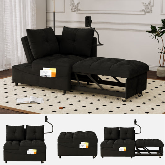 Aukfa Small Sleeper Sofa Bed with USB Charging, 5-in-1 Convertible Velvet Couch with Phone Pocket for Studio Apartment/Dormitory,Black