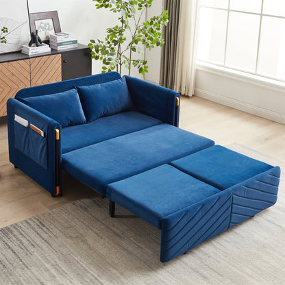 Aukfa Velvet Futon Convertible Loveseat Sleeper Sofa, Full Size, 2Pillows&Side Pockets, Blue
