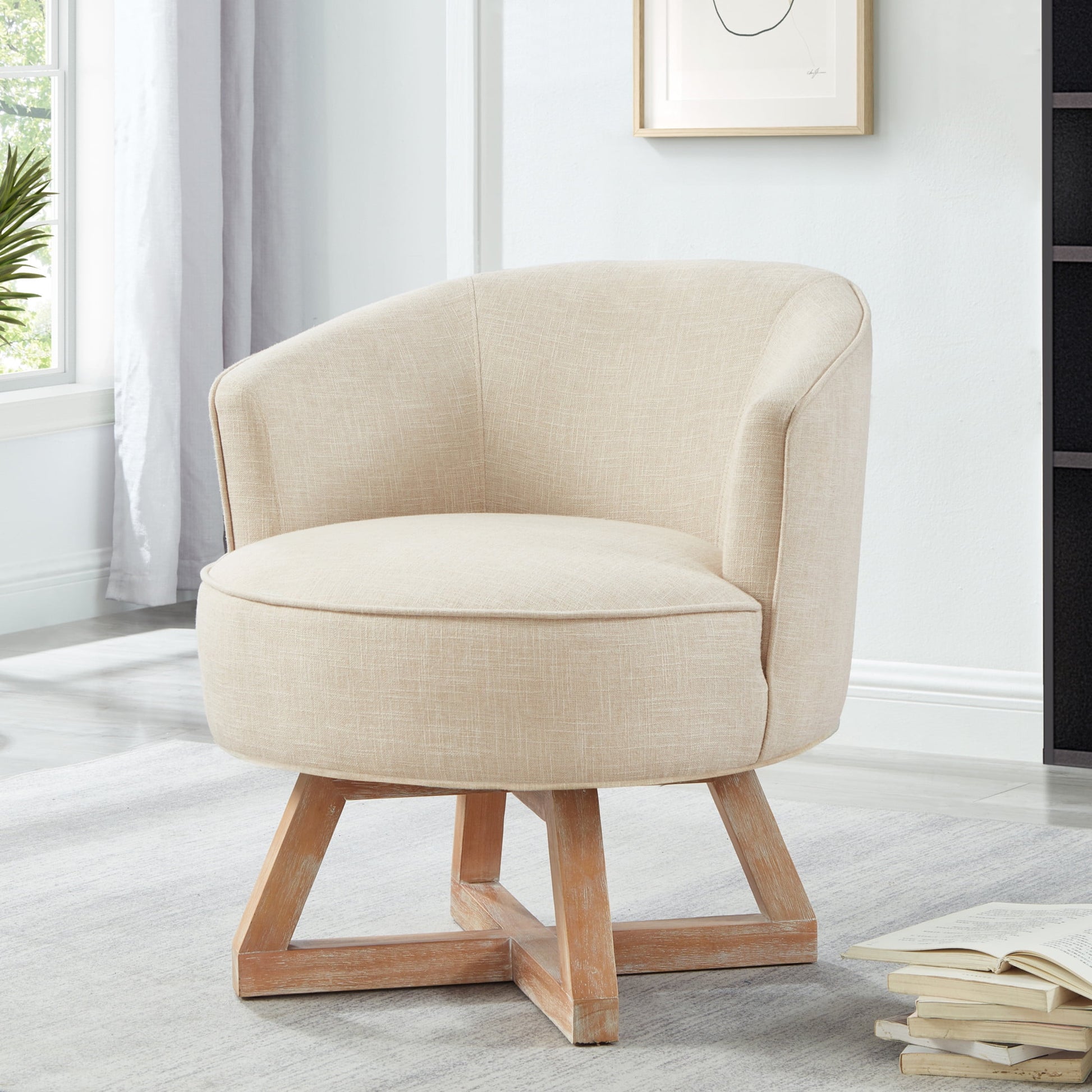 Aurora Classic 360° Linen Upholstered Swivel Accent Chair with Solid Wood Cross-Shaped Legs, Beige