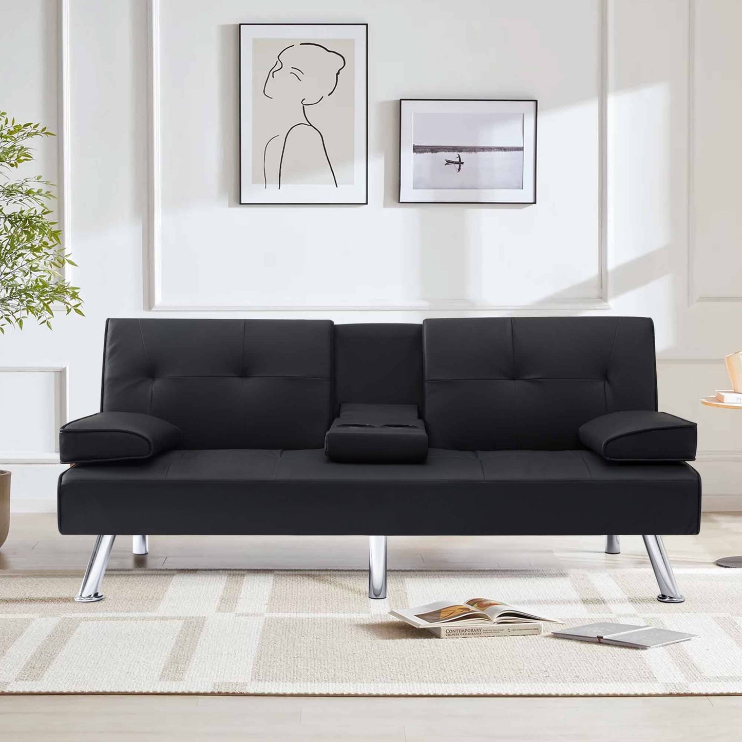 BEABA Futon Sofa Bed Modern PU Faux Convertible Couches with Cup Holder and Pillows Folding Furniture Upholstery