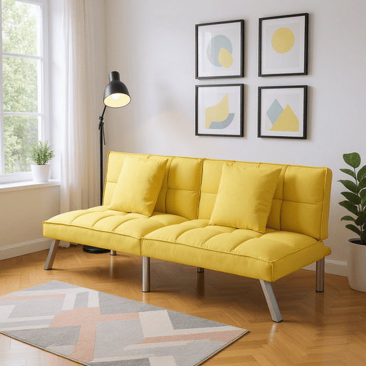 BSHTI 73” Futon Sofa Bed with 5-Angle Adjustable Backrest, Yellow Velvet Upholstery, Twin Sleeper for Home, Office, Guest Room