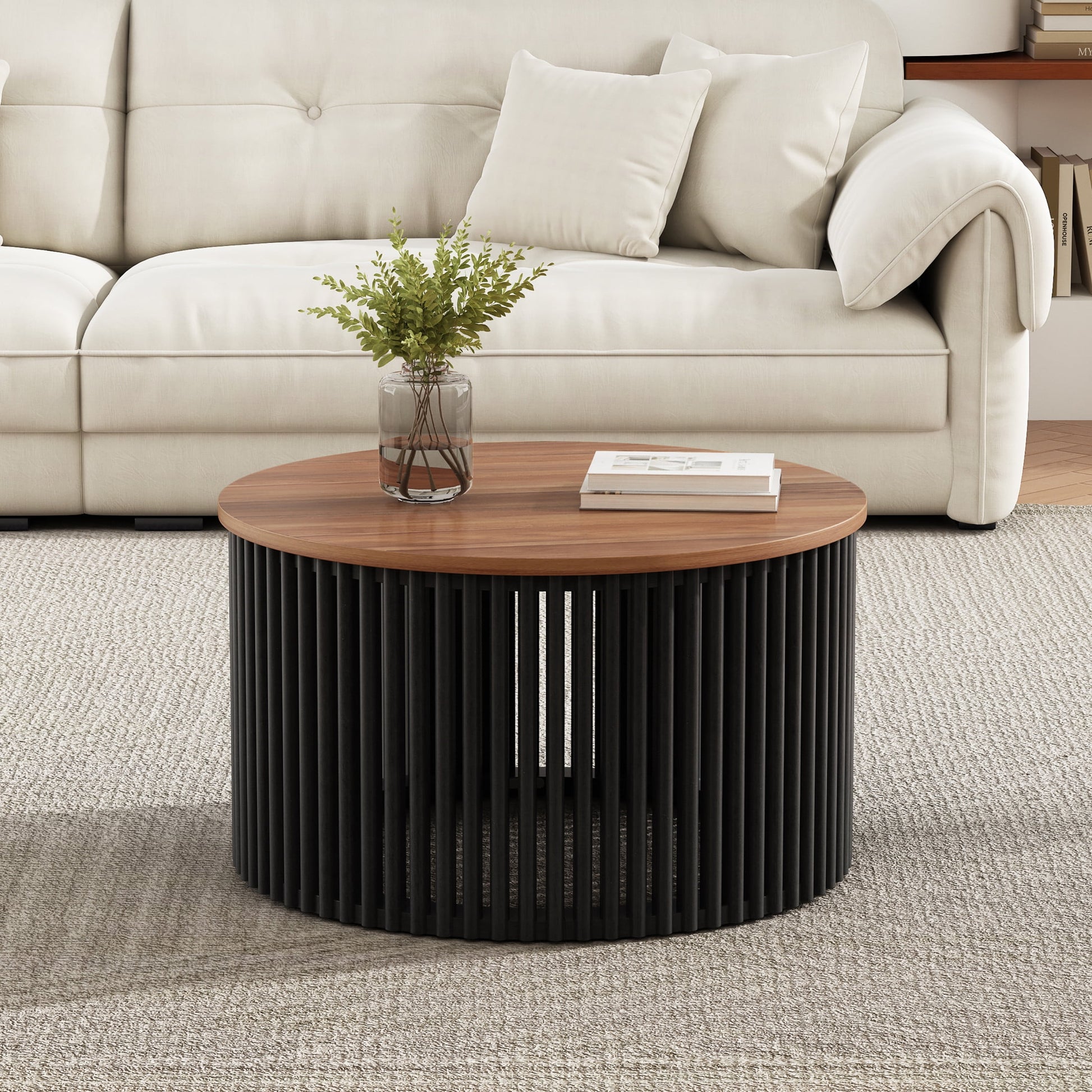 Christopher Knight Home 30" Round Coffee Table, Handcrafted Wood Accent Table, Natural+Black