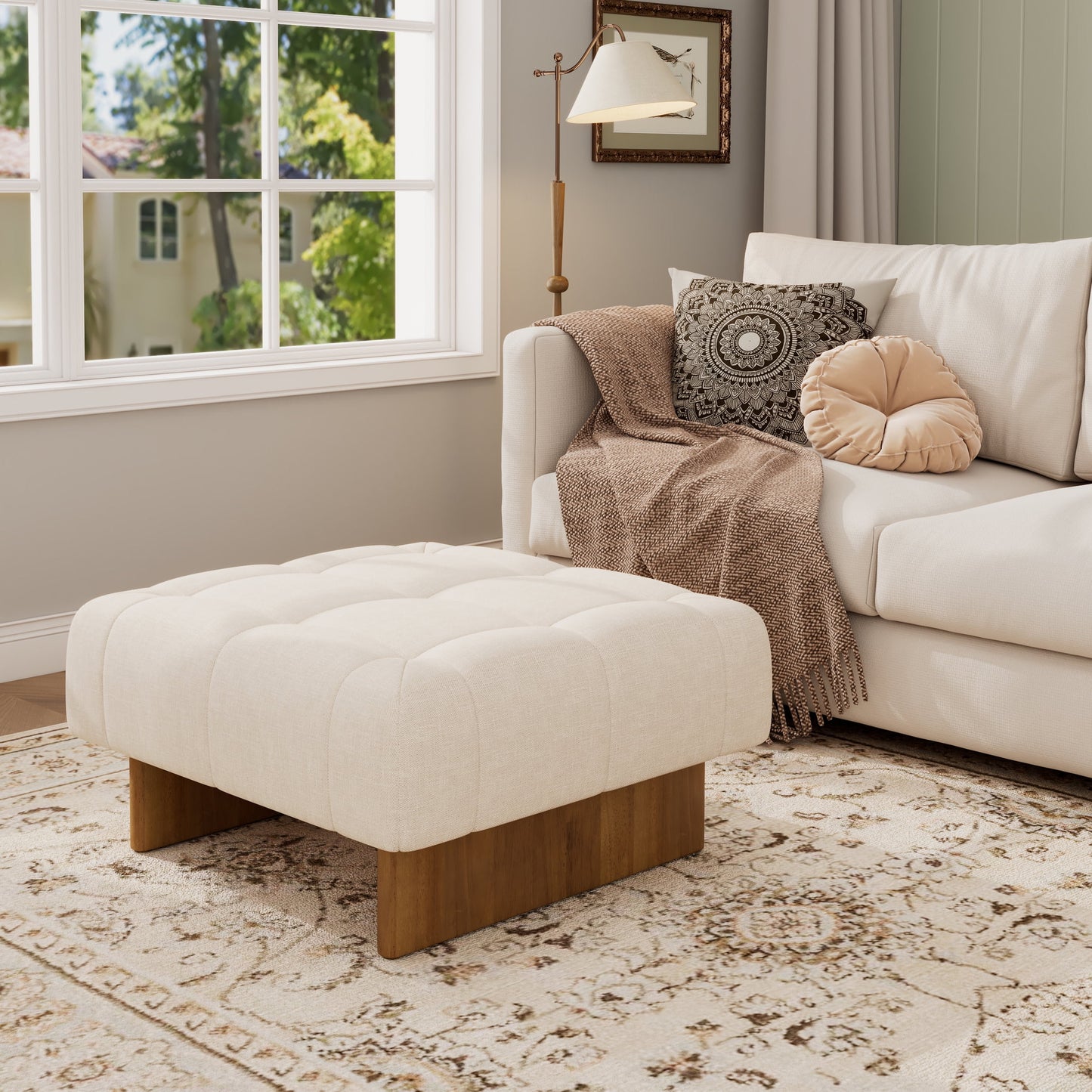 Christopher Knight Home 31.50" Square Tufted Ottoman Bench, Upholstered Linen Fabric, Beige