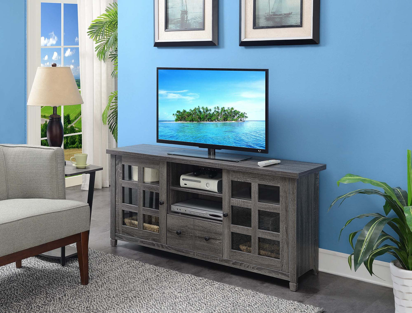 Convenience Concepts Newport Park Lane 1 Drawer TV Stand with Storage Cabinets and Shelves for TVs up to 65 Inches, Weathered Gray