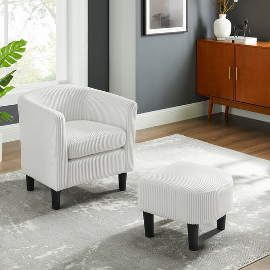 DEALTOPS Corduroy Accent Chair with Ottoman,Upholstered Arm Chair Single Sofa Chair Foot Rest Comfy Armchair for Living Room Bedroom and Office,White