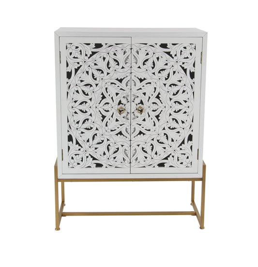 DecMode 30" x 42" White Wood Intricately Carved 1 Shelf and 2 Doors Floral Cabinet, 1-Piece