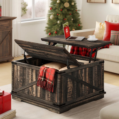 Dextrus Farmhouse Square Lift Top Coffee Table with Storage, Wood Center Table for Living Room, Walnut