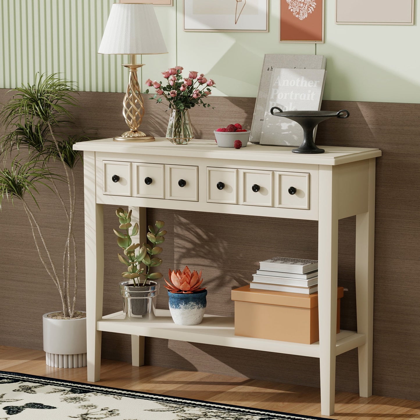 EUROCO 38.2" Console Table,Sofa Table Entryway Table with Rubber Wood Legs,2 Drawers and Open Shelf,Rustic Hallway Accent Table for Living Room, Entrance,Light Tan