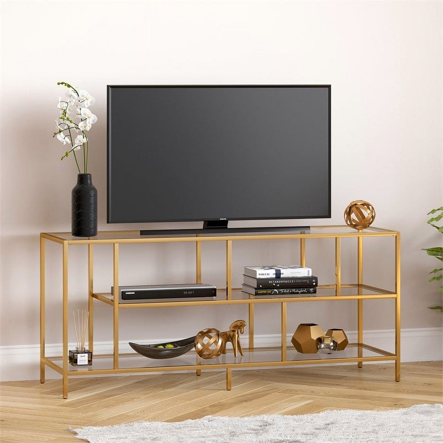 Evelyn&Zoe Winthrop Rectangular TV Stand with Glass Shelves for TV's up to 60", Brass