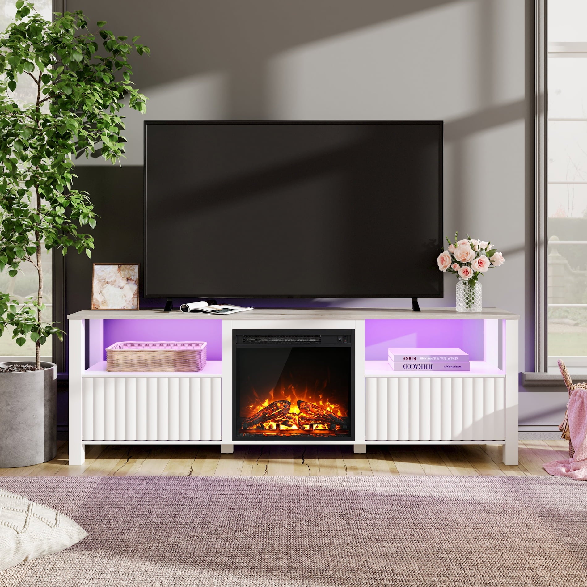 Farmhouse Fireplace TV Stand for 75 inch TV with led light, Wood Entertainment Center with Electric Fireplace, 70 inch, White