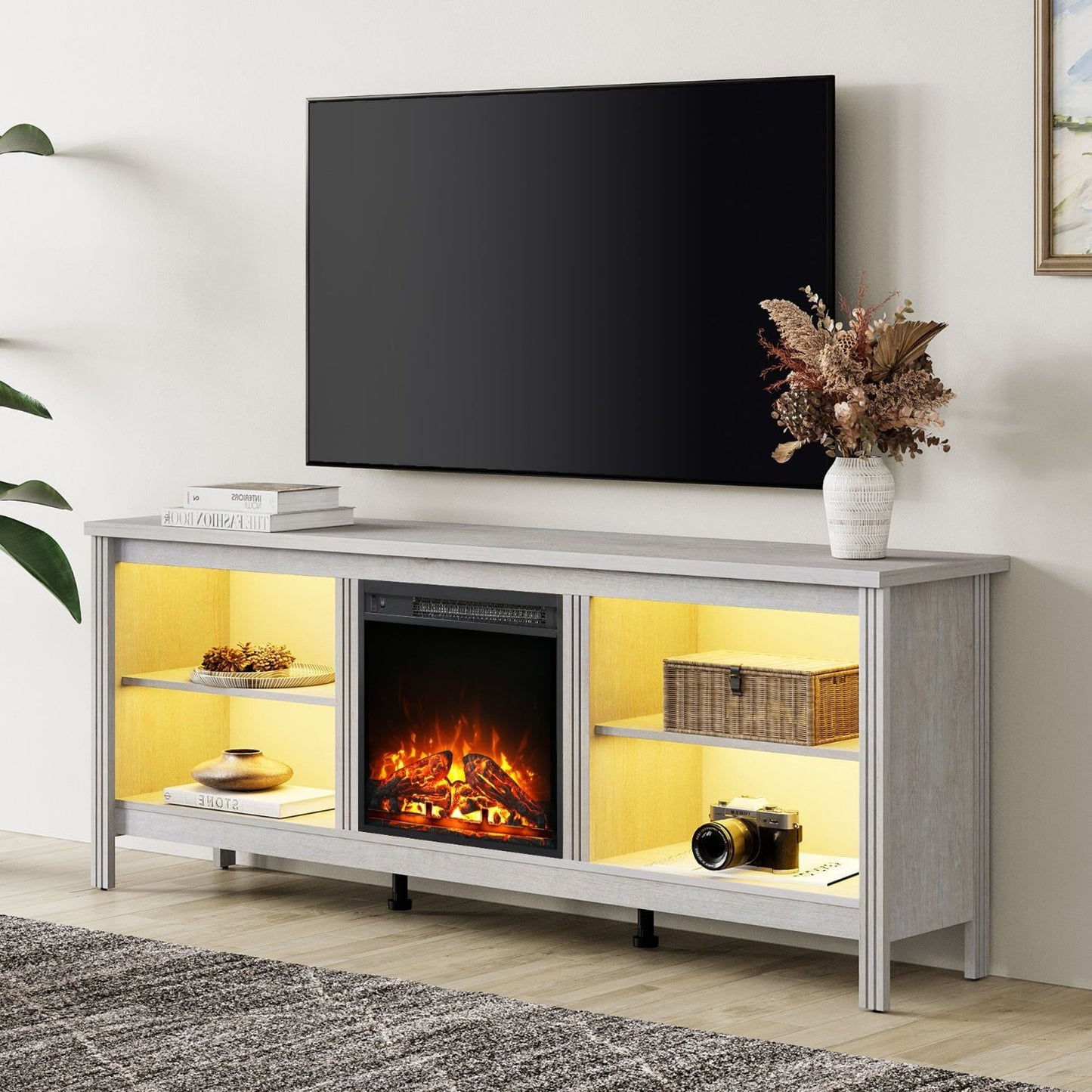 Fitueyes 70" Fireplace TV Stand for 75 Inch TV, Wood Entertainment Center with Electric Fireplace & Yellow LED Light for Living Room Bedroom, Gray White