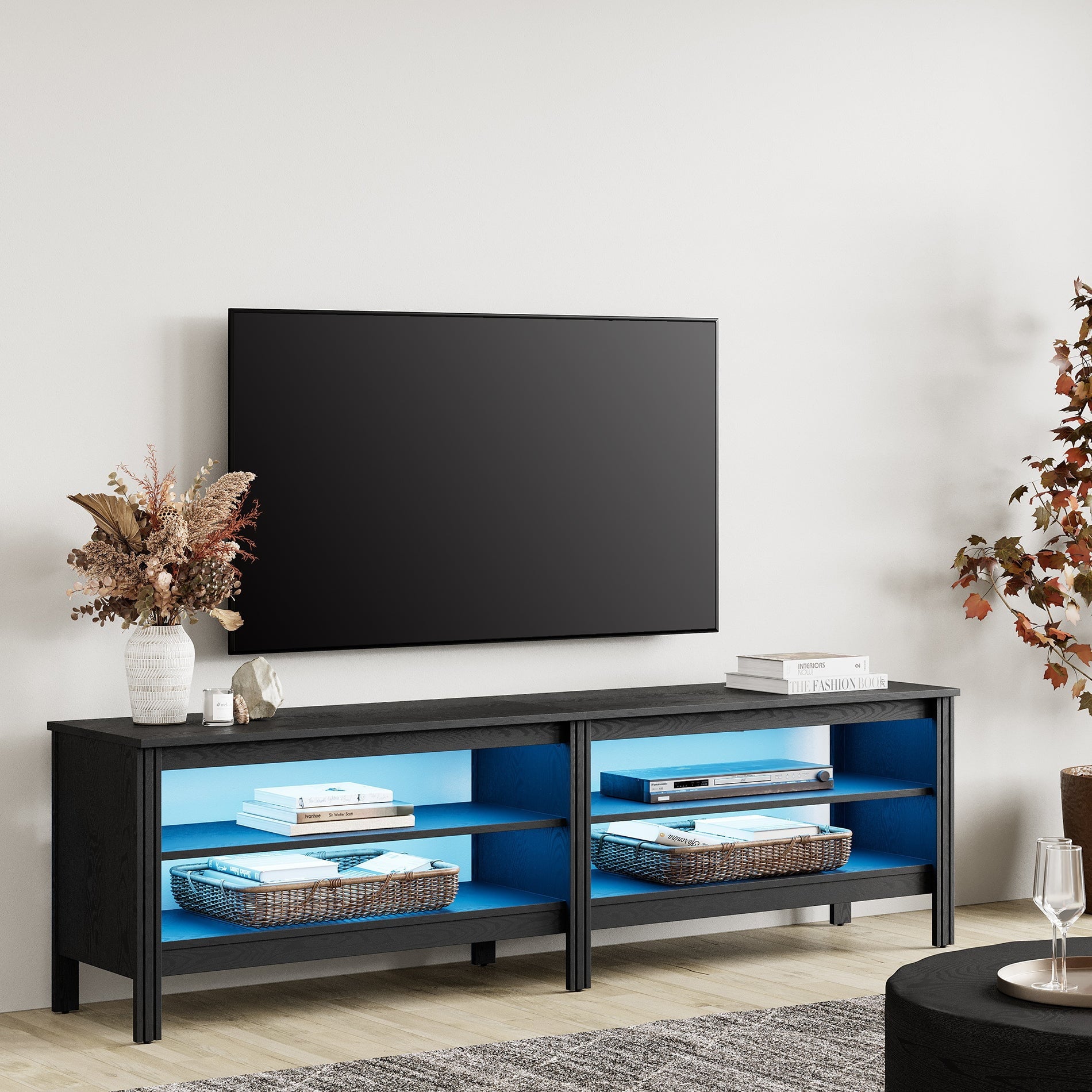 Fitueyes 70" TV Stands for TVs Up to 75 Inch, Media Console with Open Shelves & LED Light for Living Room, black