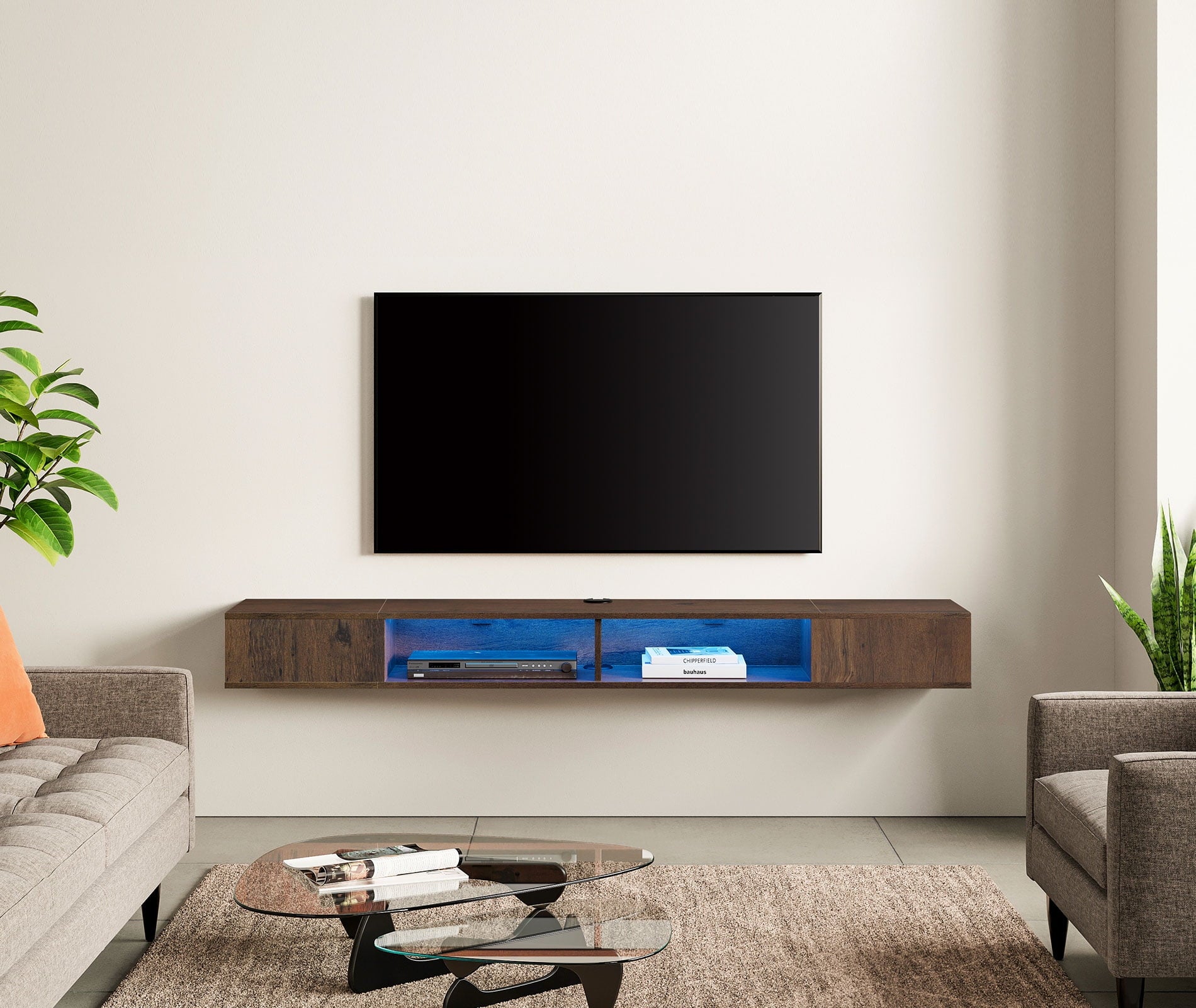 Floating TV Stand Wall Mounted with Blue Lights for 65/75/80 Inch TV, Floating Entertainment Center Storage Shelf Living Room, Brown