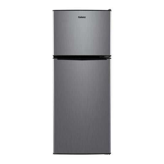 Galanz 4.6. Cu ft Two Door Mini Refrigerator with Freezer, Stainless Steel, New, Width 19.13"