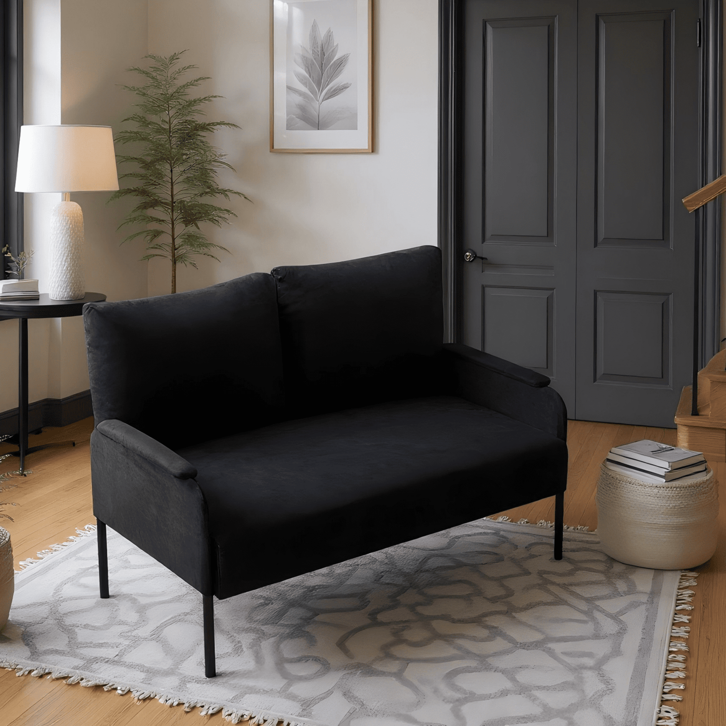 Gewnee 45.7”Small Modern Loveseat Couch,Fabric Upholstered 2-seater Sofa for Apartment or Small Living Room(Black)