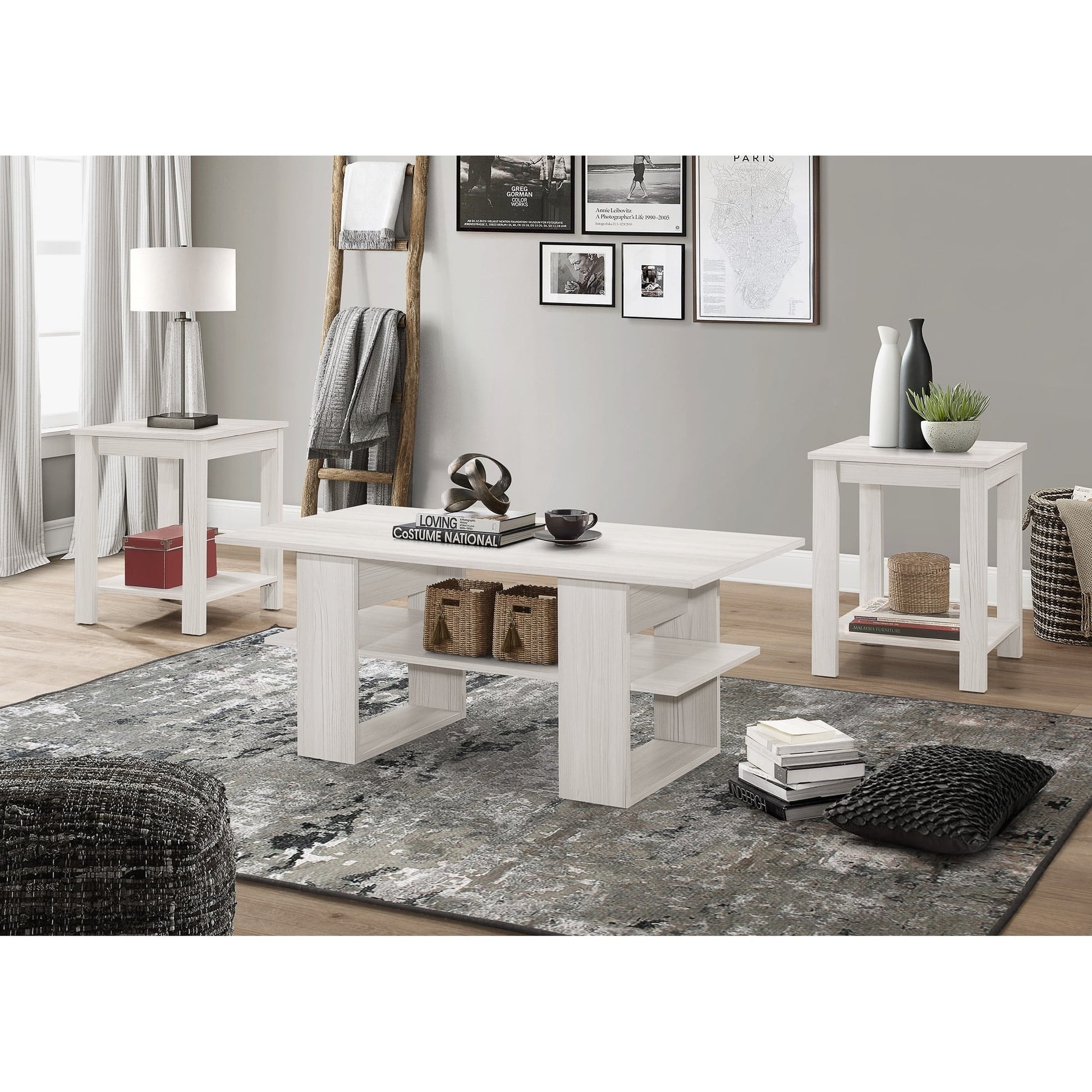 Home Design Beverly 3-Piece Coffee Table Set with 1 Rectangular Coffee Table and 2 Square End Tables, Each with Open Shelf for Storage and Display, Modern Living Room Design, Light Gray