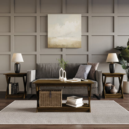 Home Design Emporia 3-Piece Coffee Set with Crossed-Leg Design and Lower Shelf, Wide Plank, Brown, Modern Living Room