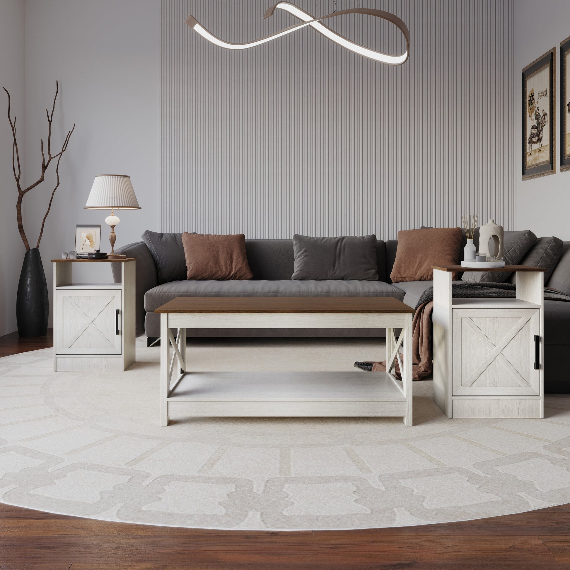 Home Design Lebanon 3 Piece Coffee Table Set - Includes coffee table and 2 end tables, With Soft-Close Doors, Brown/Light Gray, Easy Assembly