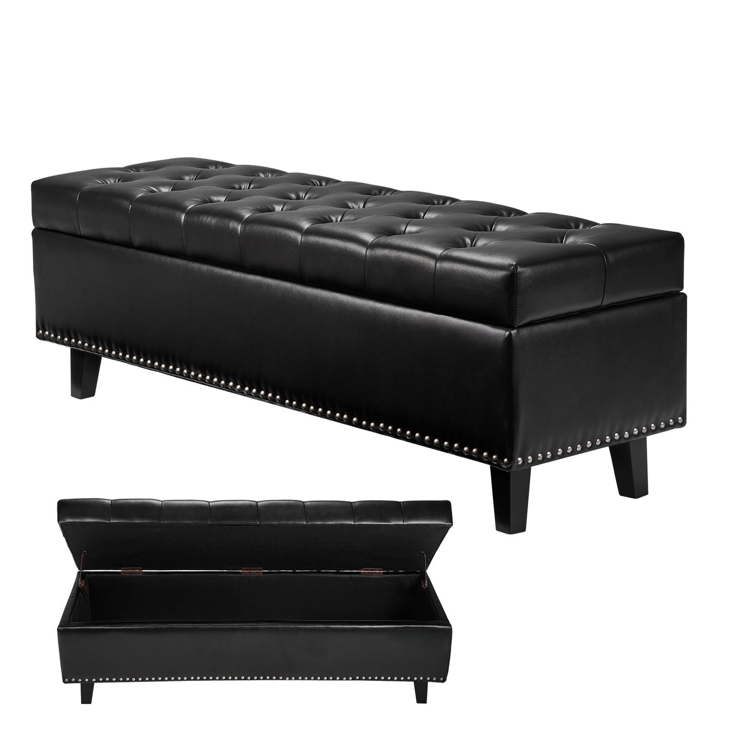 KFFKFF 51" Leather Ottoman Bench, Button-Tufted Ottoman Storage with Solid Wood Legs, Holds up to 660 Lbs, Suitable for Bedroom, Entryway, Black