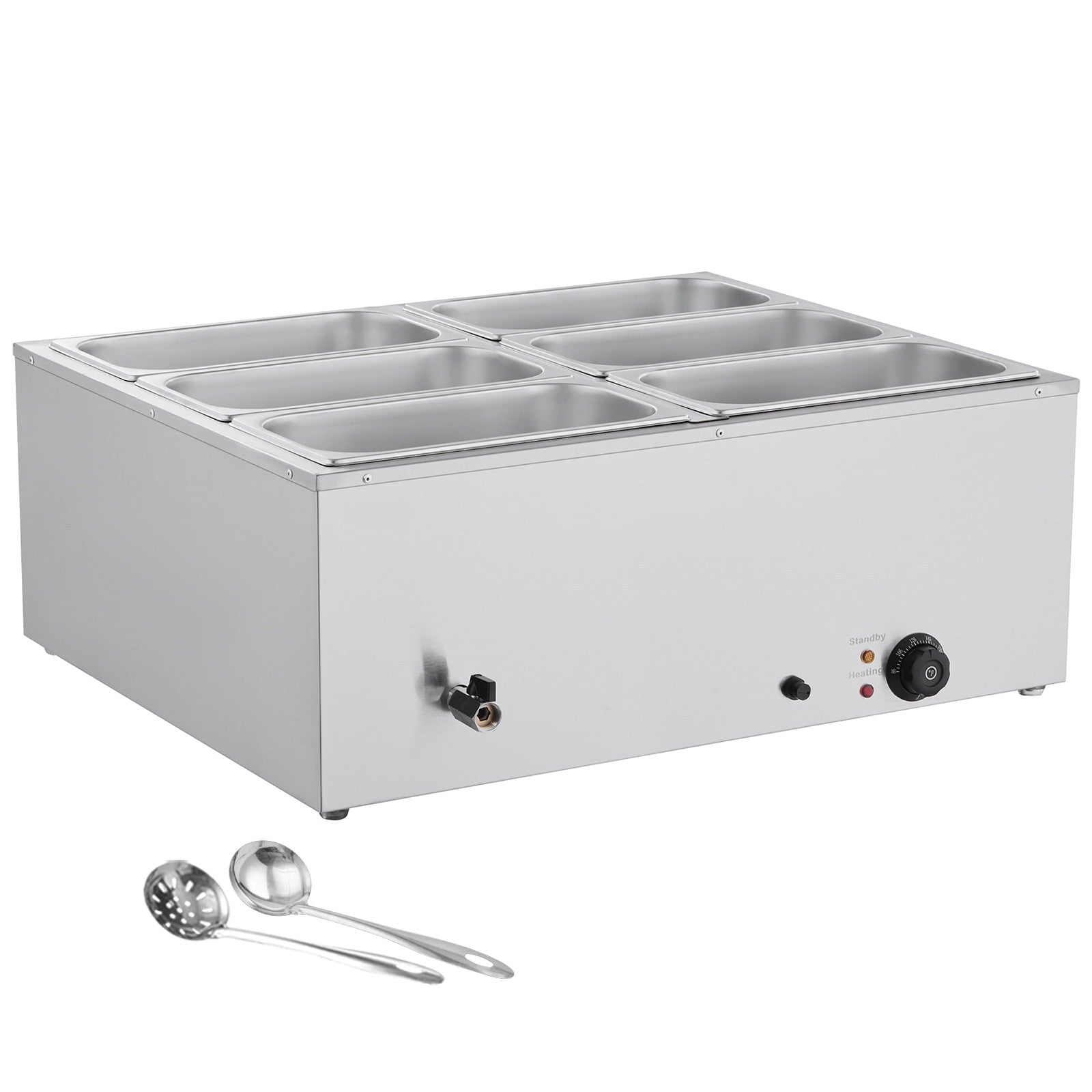 KFFKFF Commercial Food Warmer, 1500W Electric Stainless Steel Steam Heater with Lid, 6-Pan Countertop Buffet Bain Marie for Efficient Heating, Includes Soup & Perforated Ladles, Ideal for Catering