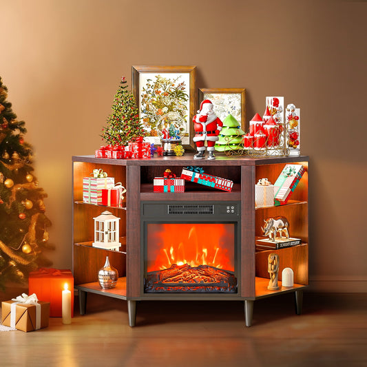 KFFKFF Electric Fireplace Media Console, Fits Up to 50" TVs, 18" Insert, Vintage Style, 20 LED Ambiance Lighting, Remote & Timer, Corner Unit, Living Room, Brown